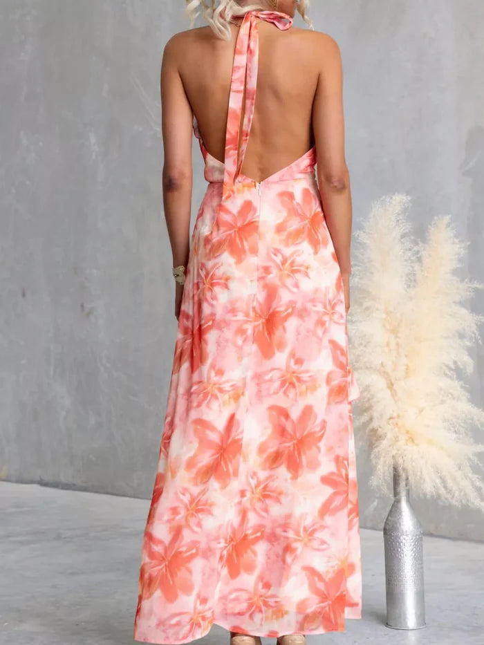 Floral Print Ruffle Halter Neck Maxi Dress