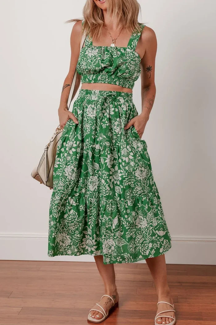 Floral Print Shirred Crop Top and Midi Skirt Set