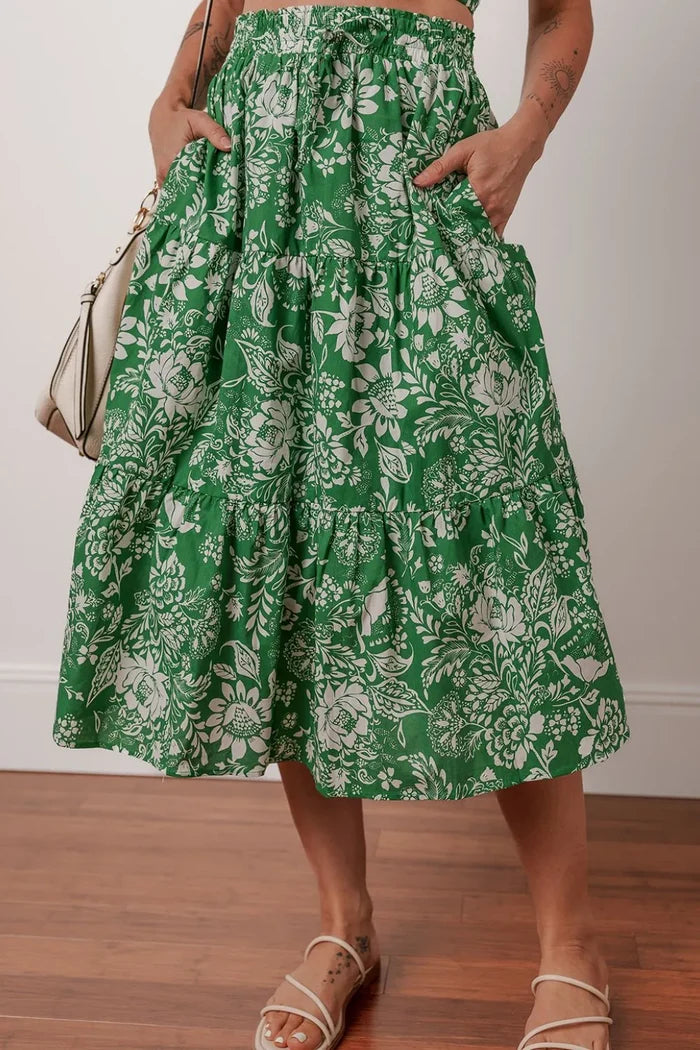 Floral Print Shirred Crop Top and Midi Skirt Set