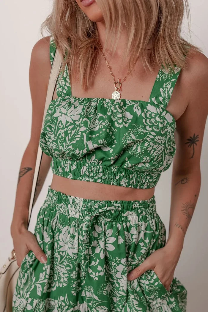 Floral Print Shirred Crop Top and Midi Skirt Set