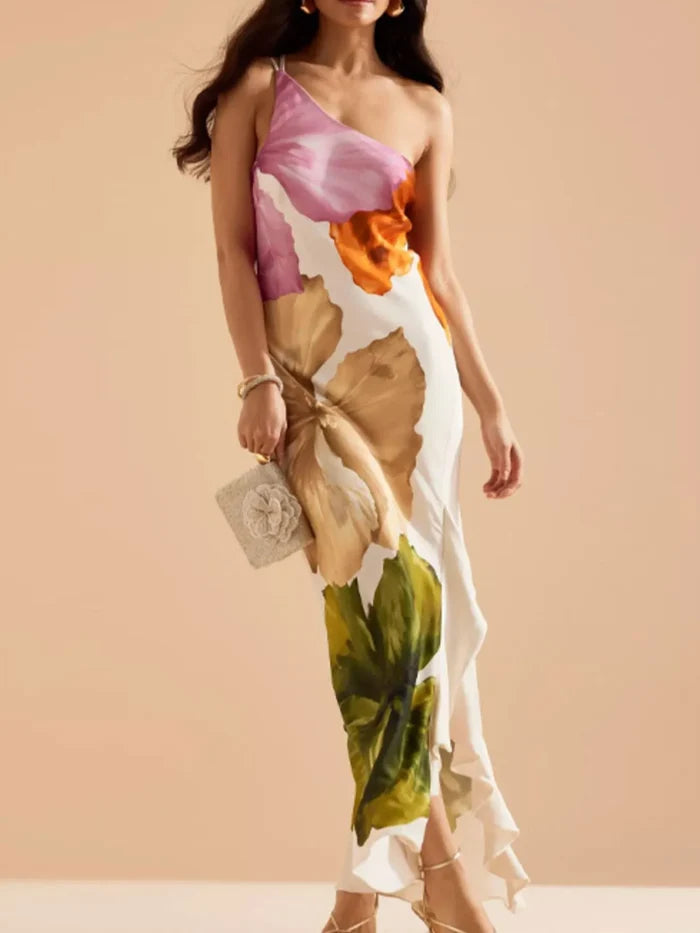 Floral Print Single Shoulder Maxi Dress