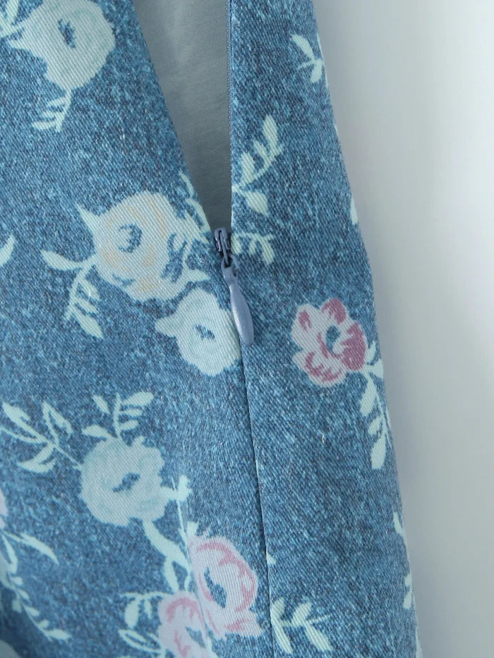 Floral Print Strapless Top and Skort Denim Set