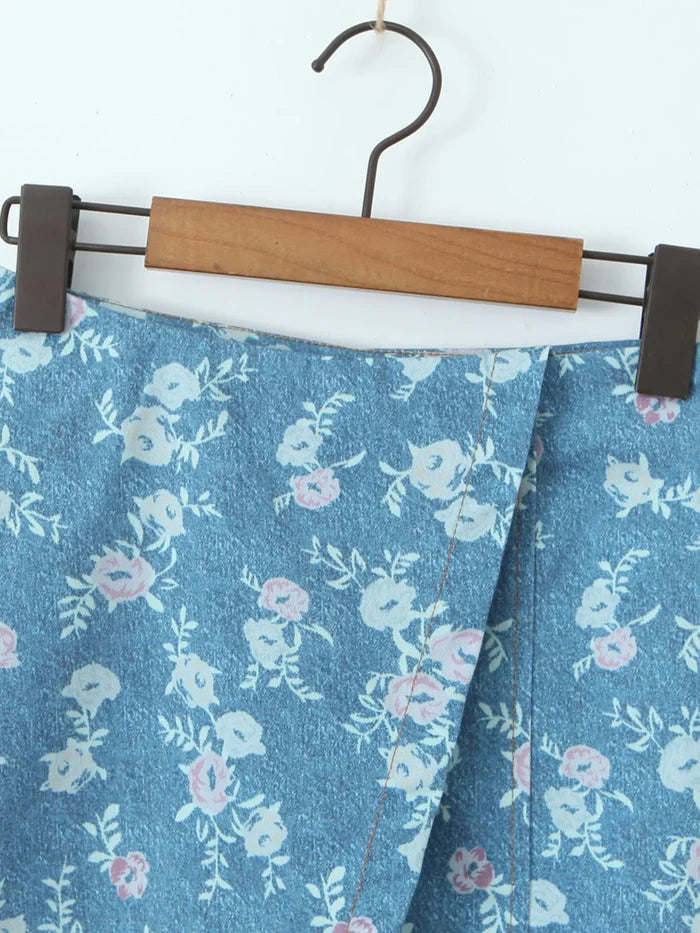 Floral Print Strapless Top and Skort Denim Set