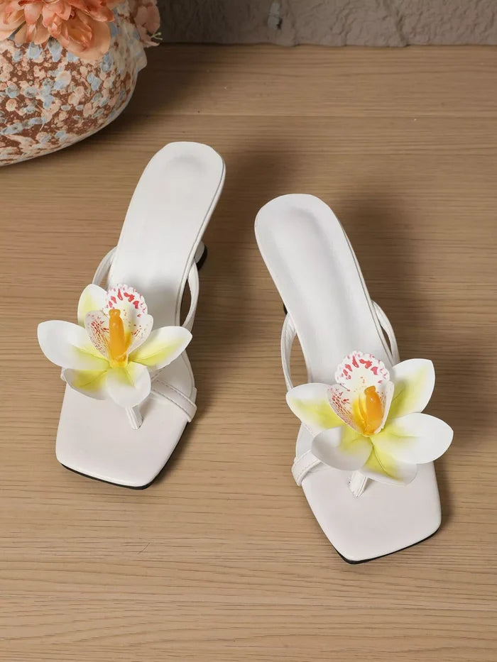 Flower Open Toe Flare Heels Sandals