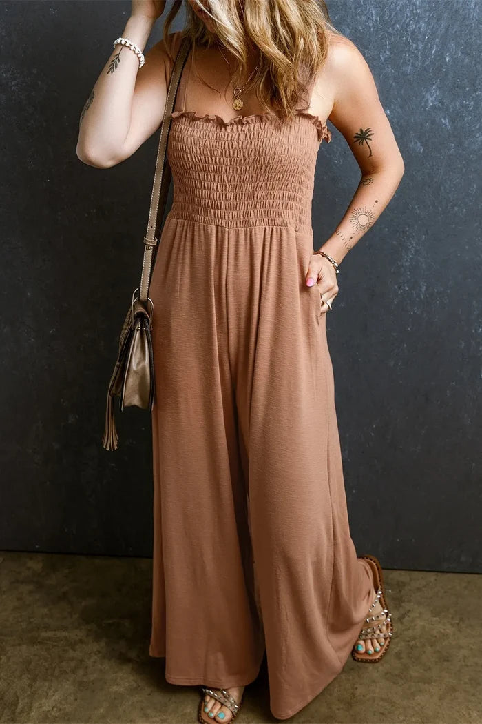 Frill Smocked Wide-Leg Stretch Jumpsuit