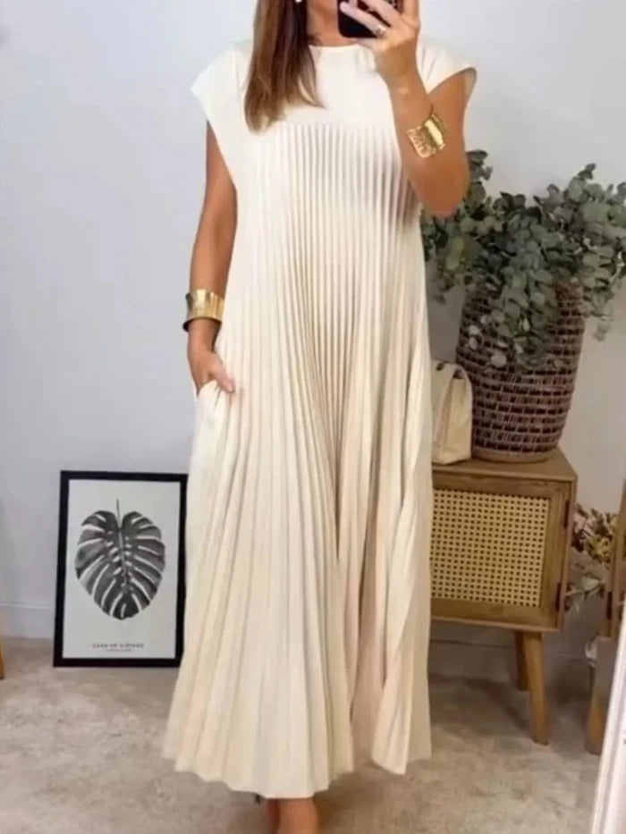 Full Size Pleated Round Neck Maxi Dress Plus Size