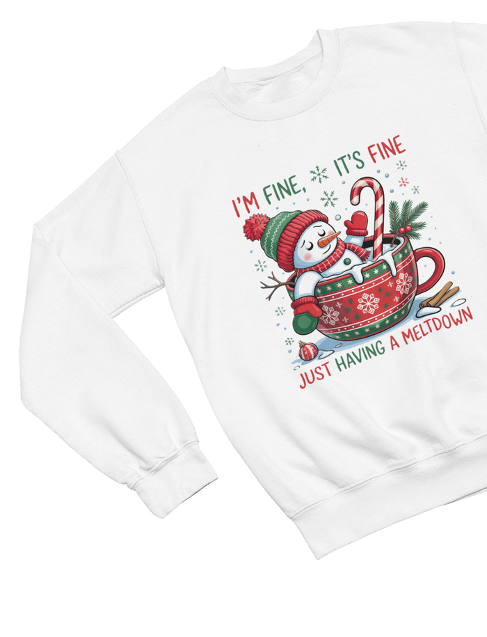 white sweatshirt with funny snowman meltdown hot chocolate design christmas gift