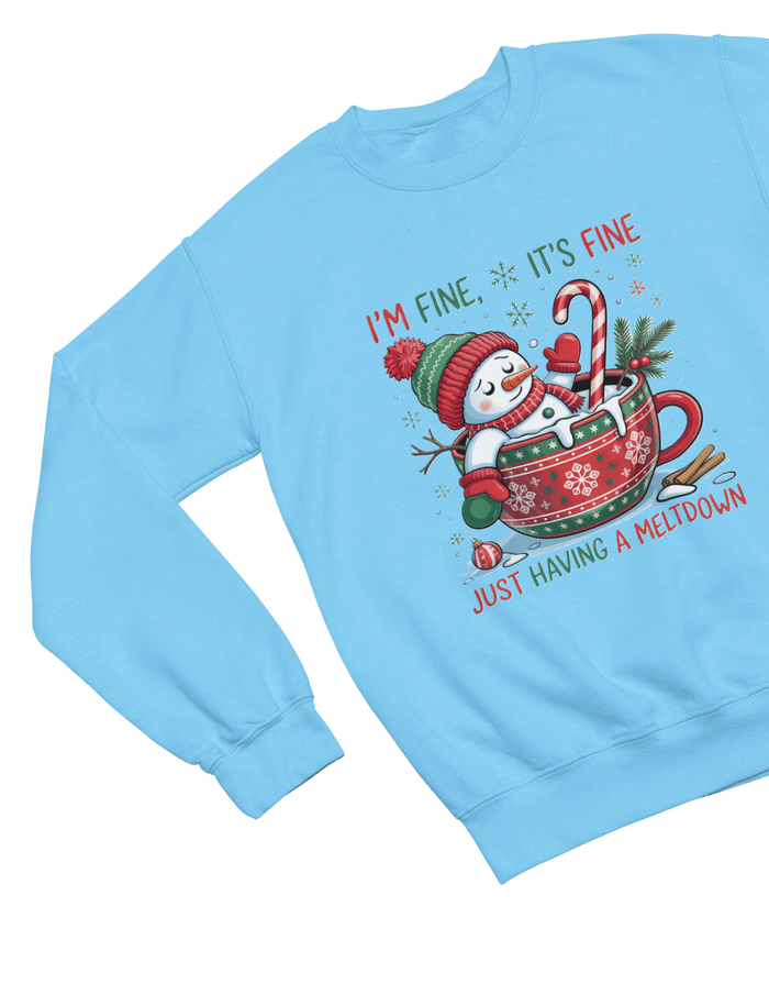 blue sweatshirt with hilarious snowman crisis print christmas jumper
