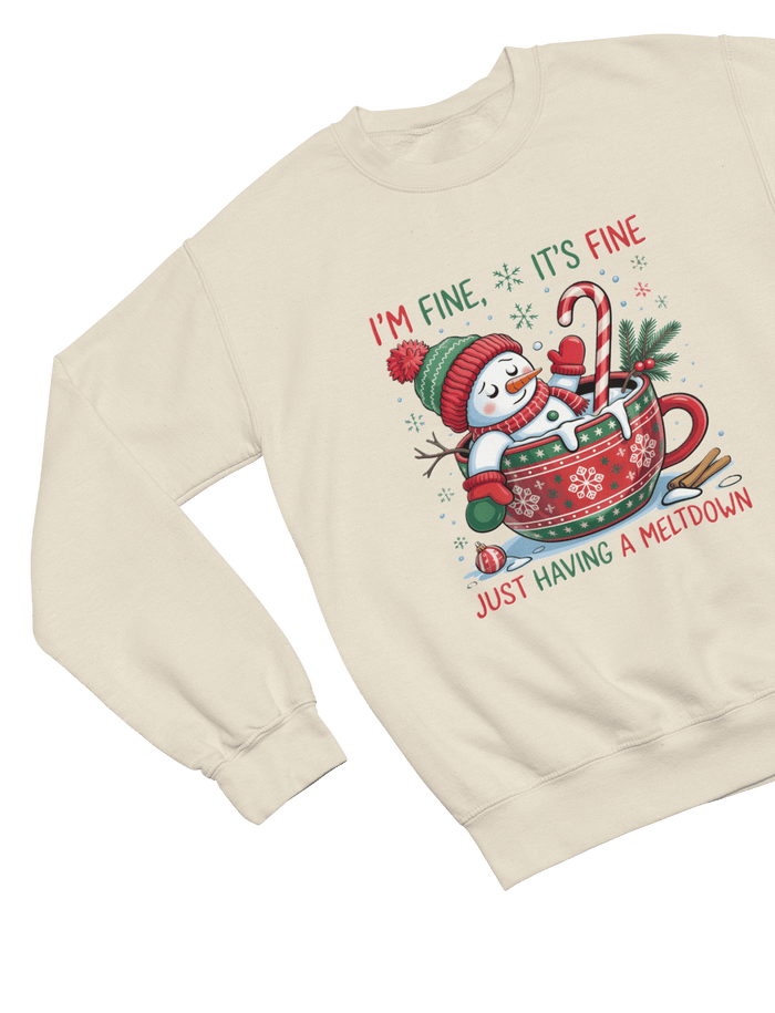 beige sweatshirt with snowman having a meltdown christmas graphic