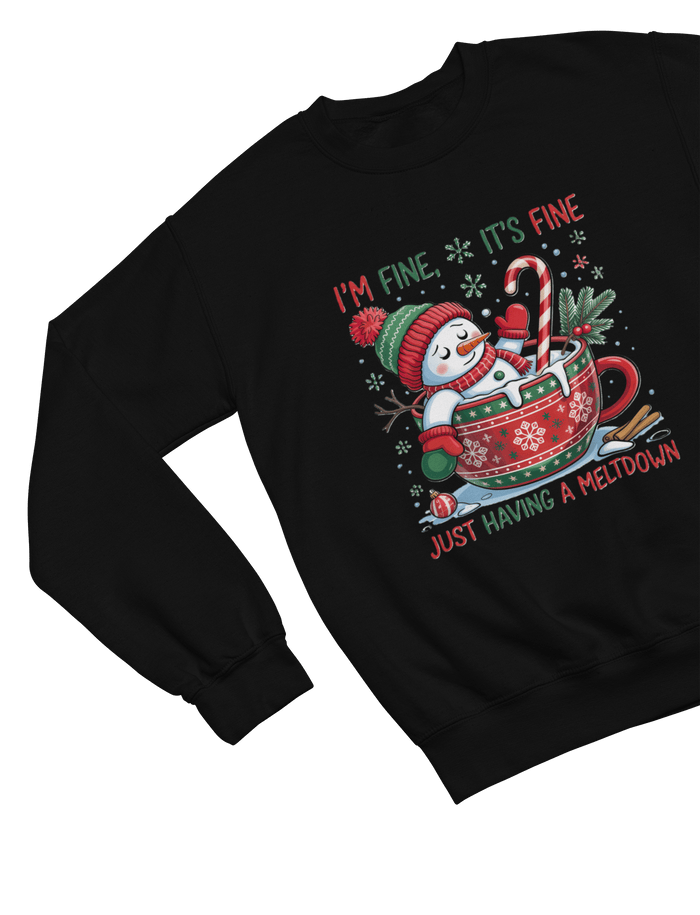 black sweatshirt with funny snowman breakdown design holiday jumper