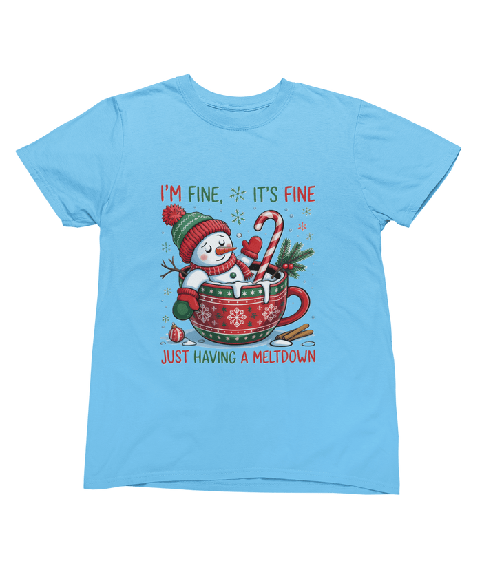 blue t-shirt with hilarious snowman crisis hot chocolate design