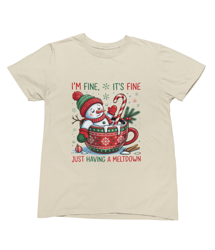 beige t-shirt with funny snowman having a breakdown christmas graphic