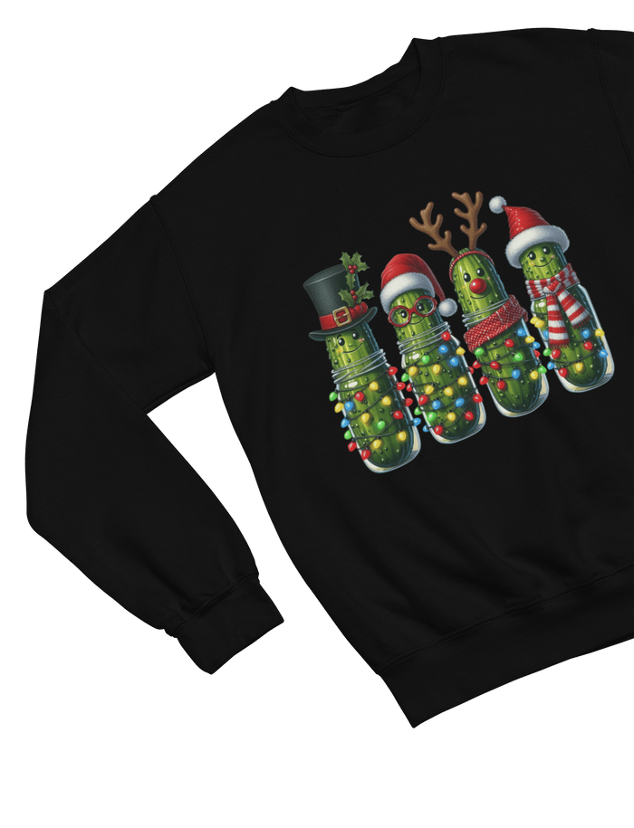 black sweatshirt with funny pickle characters dressed in fairy lights and Santa hats Christmas design