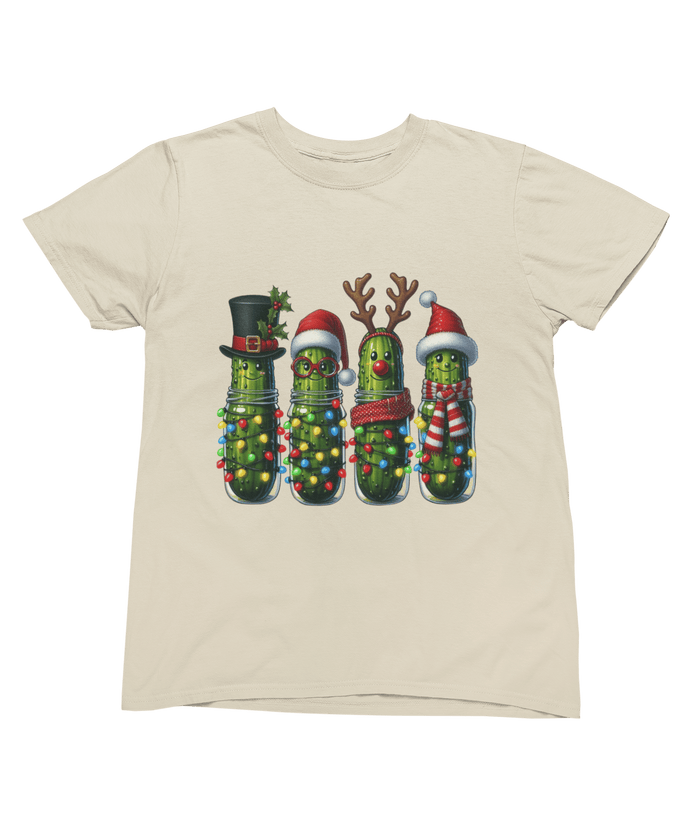 beige t-shirt with festive pickle characters in holiday outfits
