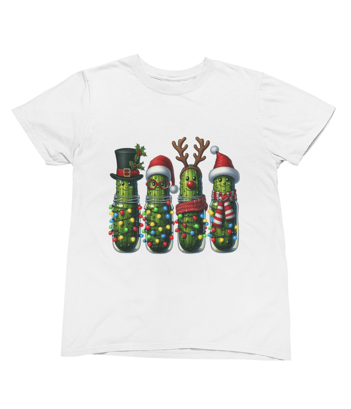 white t-shirt with pickle Christmas lights and cheeky expressions graphic
