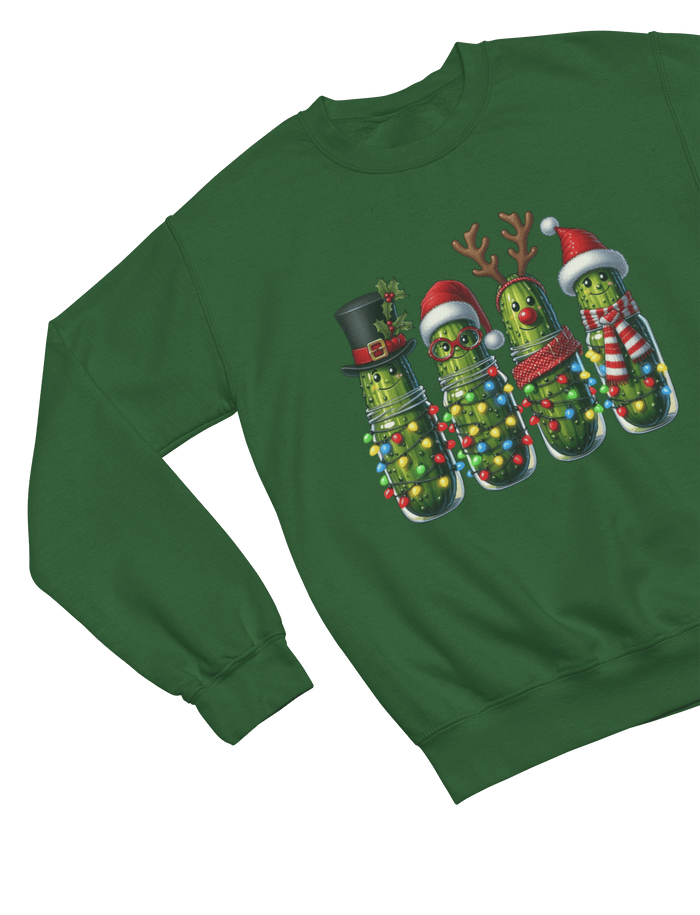 green sweatshirt with pickle gang dressed in festive fairy lights and Santa hats