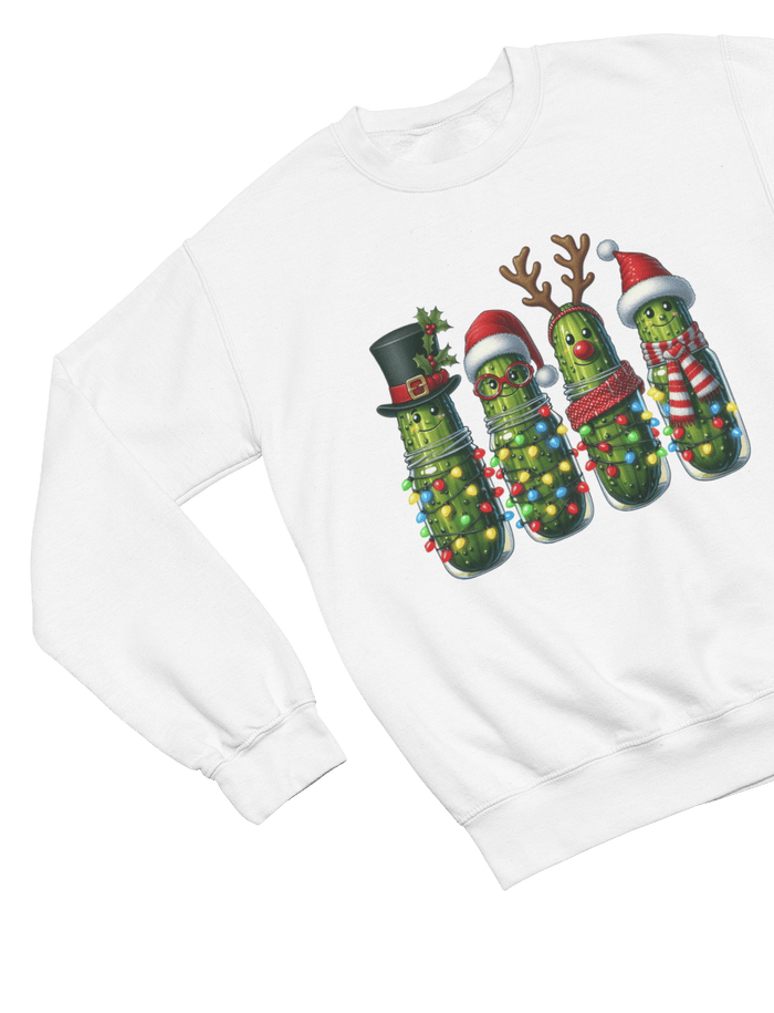white sweatshirt with pickle Christmas graphic and winter outfit details