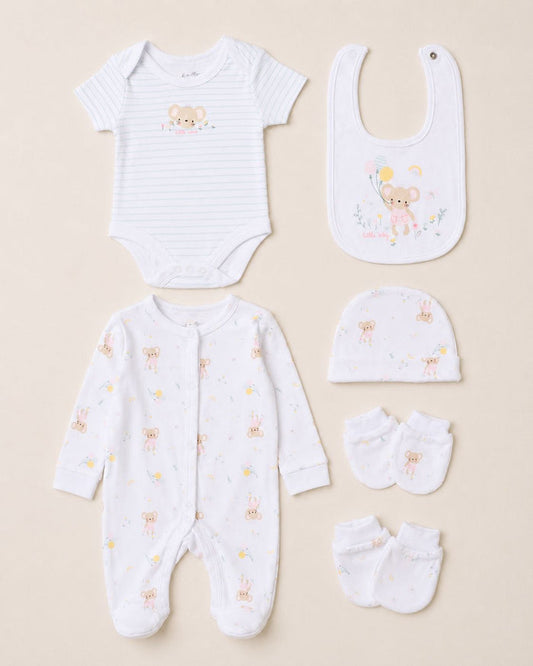 "Hello Baby" Mouse and Balloon 5 Piece Layette Gift Set - 3 sizes. Set Rock a Bye Baby