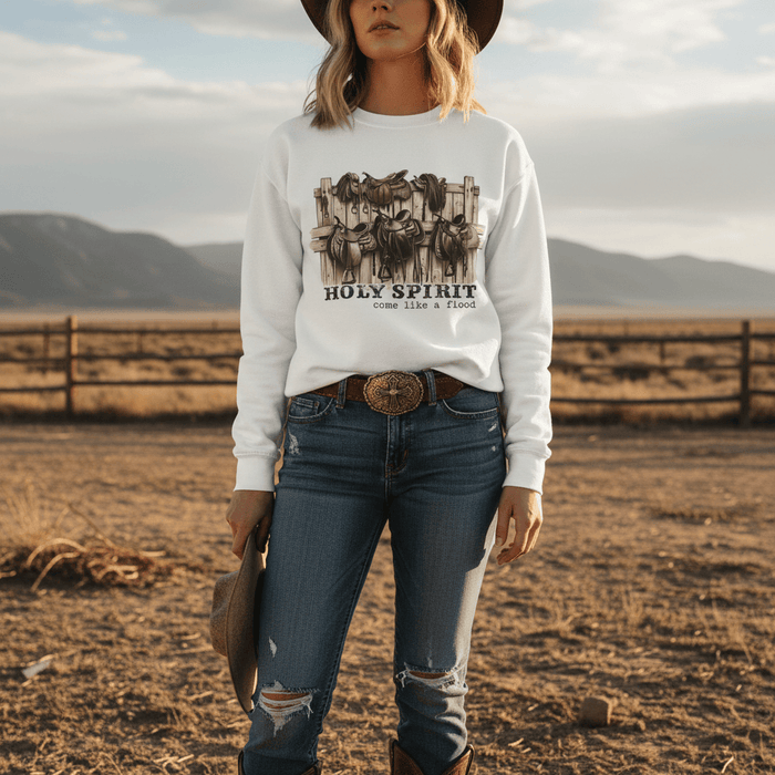 holy spirit come like a flood western sweatshirt gift idea for faith-loving cowgirl