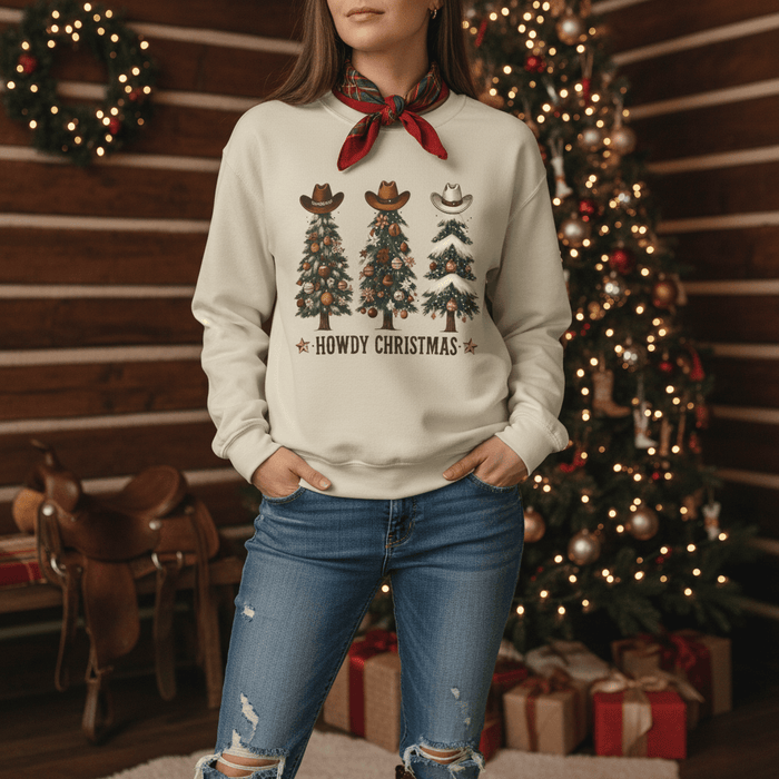 howdy christmas cowgirl sweatshirt laid flat showing full front design