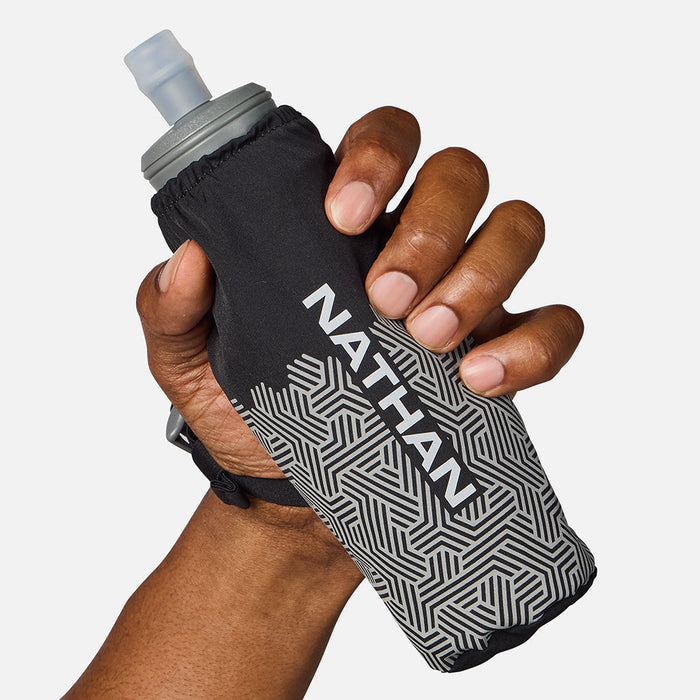 color:Black/Hex Print||seo:HyperNight Pinnacle 14oz Soft Flask - Black/Hex Print - Bottle Held by Model