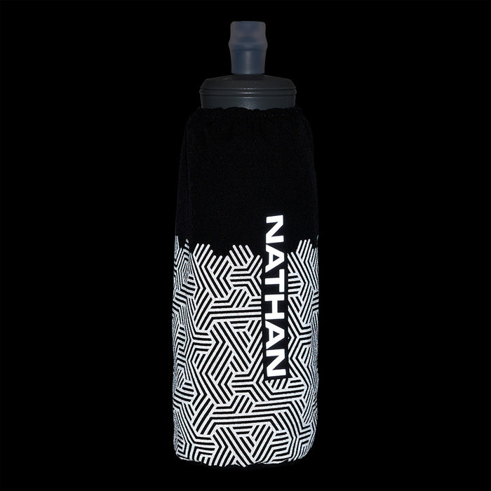 color:Black/Hex Print||seo:HyperNight Pinnacle 14oz Soft Flask - Black/Hex Print - Detail View of Reflective Highlights on Handheld