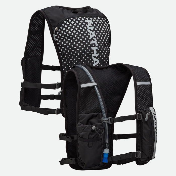 color:Black/Geo Print||seo:Nathan Hypernight QuickStart 2.0 4 Liter Hydration Pack - Black/Geo Print- Front and Back View