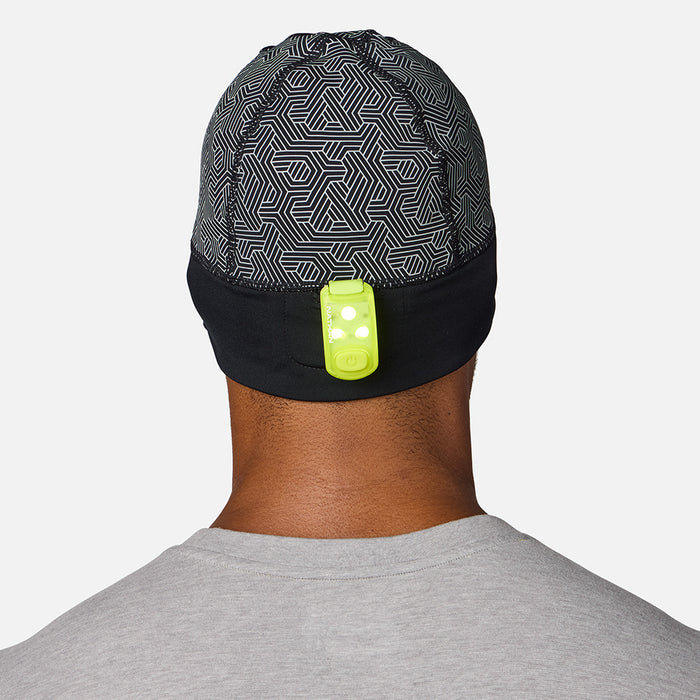 color:Black/Hex Print||seo:Nathan HyperNight Beanie 2 - Black/Hex Print - On Model, Back View with StrobeLight 2