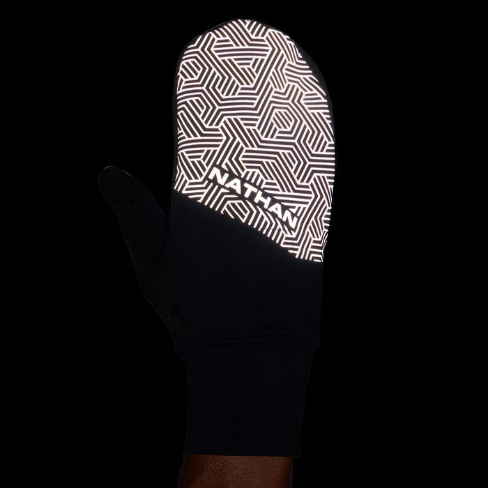 color:Black/Hex Print||seo:Nathan HyperNight Reflective Convertible Mitts 2 - Black/Hex Print - Back of Hand View (Reflective Detail)