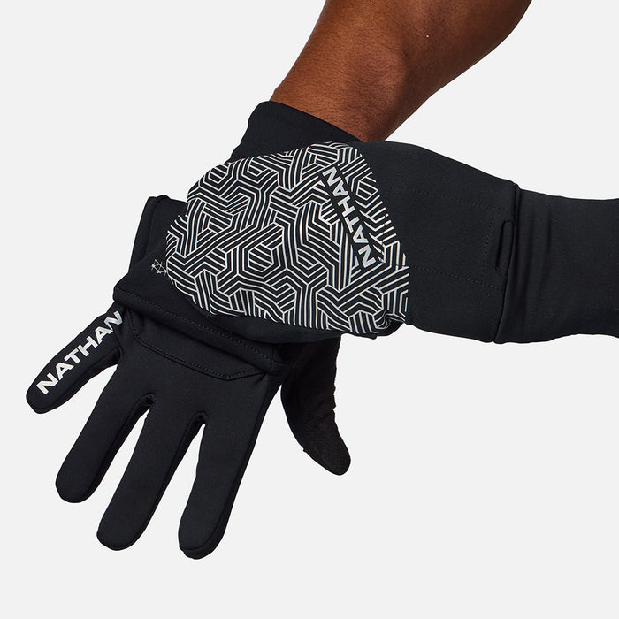 color:Black/Hex Print||seo:Nathan HyperNight Reflective Convertible Mitts 2 - Black/Hex Print - Runner Pulling Back Mitt to Show Glove