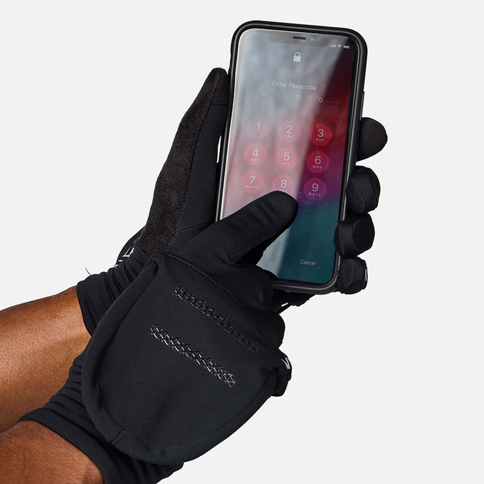 color:Black/Hex Print||seo:Nathan HyperNight Reflective Convertible Mitts 2 - Black/Hex Print - Model Unlocking Cell Phone with Gloves On