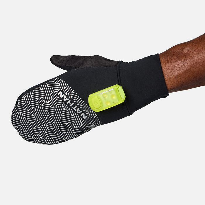 color:Black/Hex Print||seo:Nathan HyperNight Reflective Convertible Mitts 2 - Black/Hex Print - StrobeLight 2 Attached on Mitt