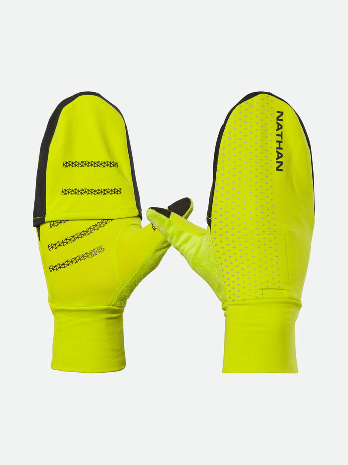 color:Hi Vis Yellow/Geo Print||view:SKU Image Primary||seo:Nathan HyperNight Reflective Convertible Mitts - Hi Vis Yellow - Front and Back View