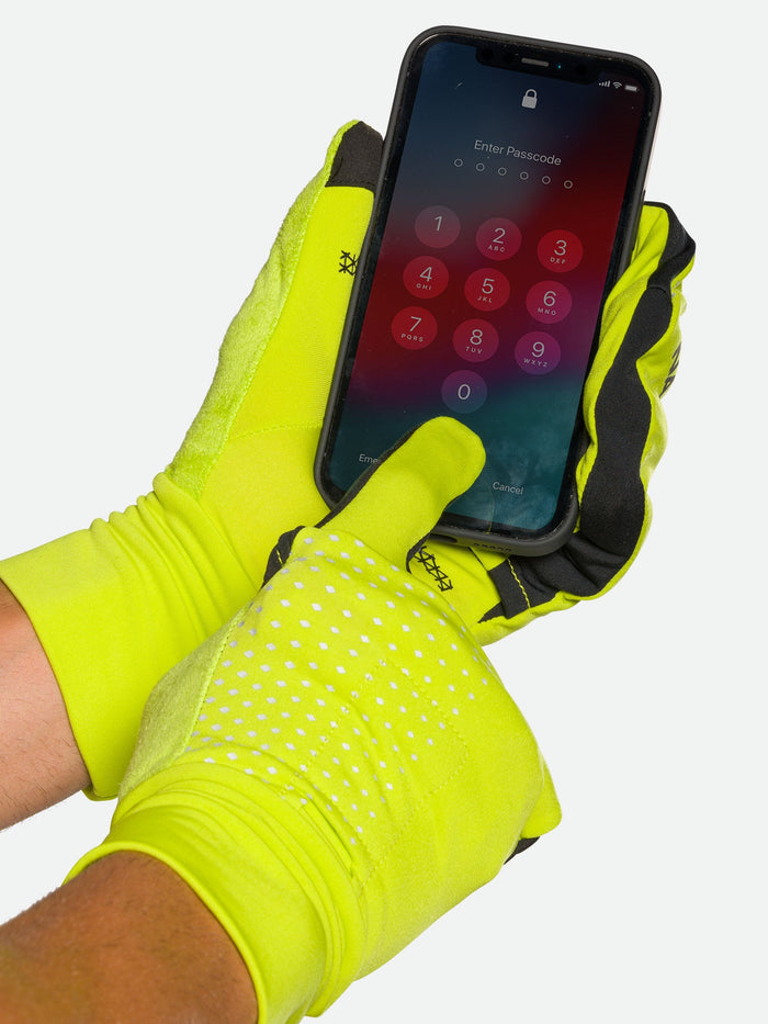 color:Hi Vis Yellow/Geo Print||seo:Nathan HyperNight Reflective Convertible Mitts - Hi Vis Yellow - Model  Unlocking Cell Phone with Gloves On