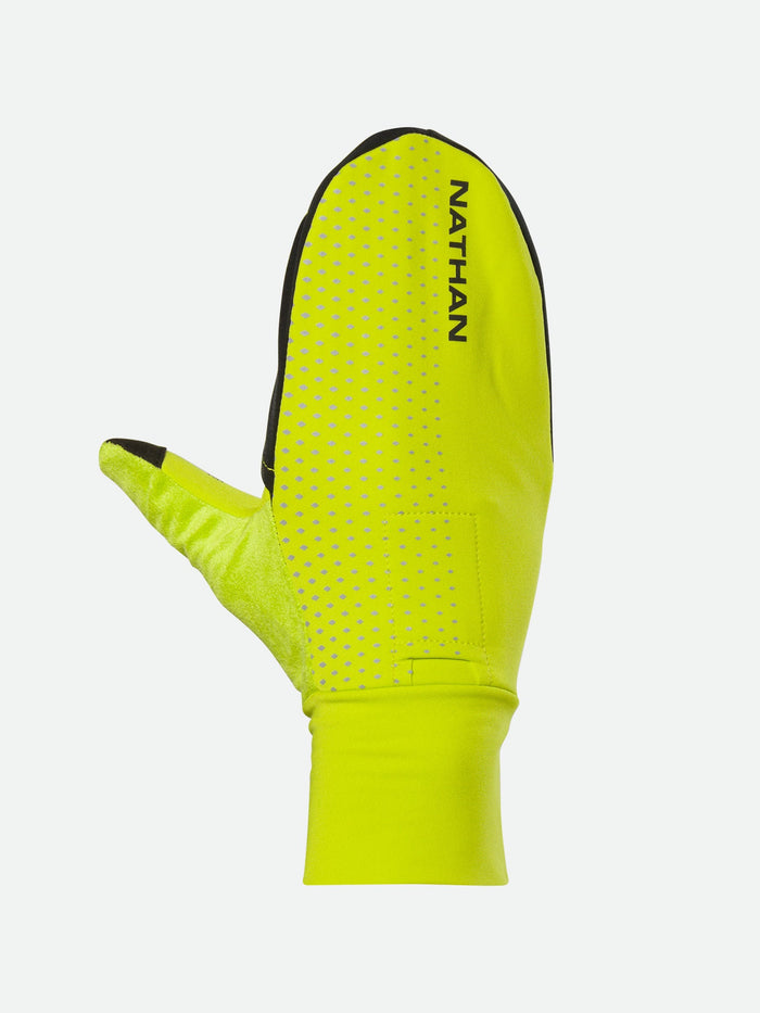 color:Hi Vis Yellow/Geo Print||seo:Nathan HyperNight Reflective Convertible Mitts - Hi Vis Yellow - Back of Hand View