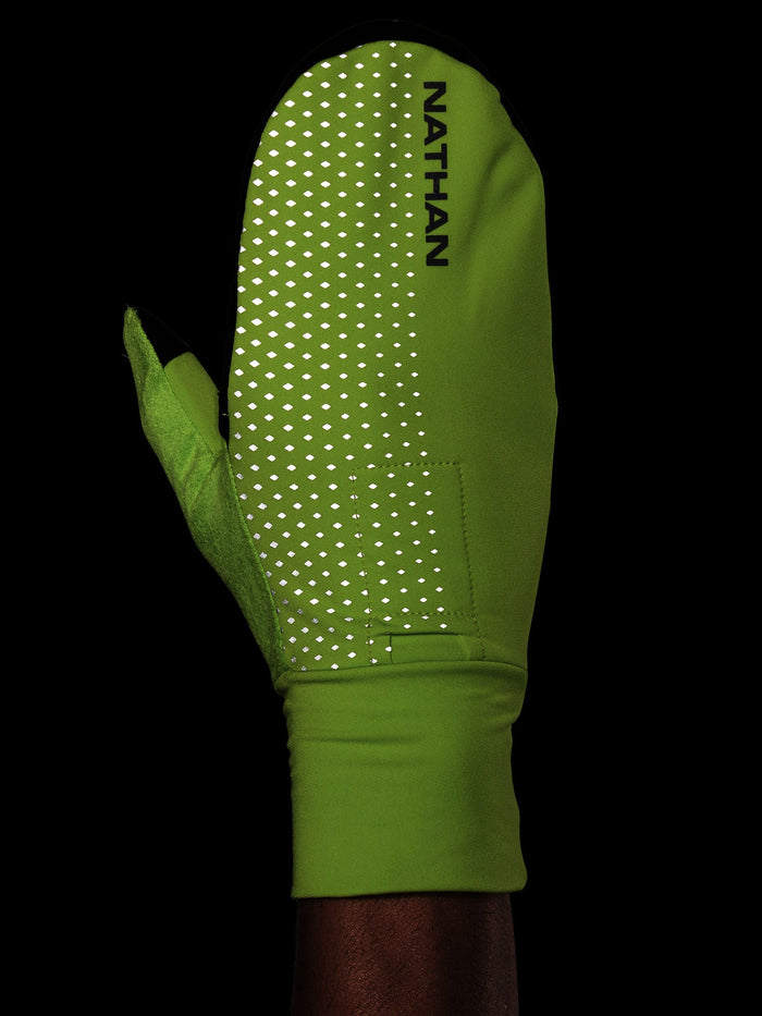 color:Hi Vis Yellow/Geo Print||seo:Nathan HyperNight Reflective Convertible Mitts - Hi Vis Yellow - Back of Hand View (Reflective Detail)