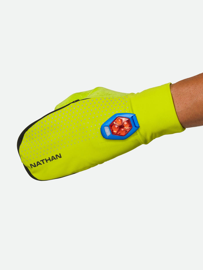 color:Hi Vis Yellow/Geo Print||seo:Nathan HyperNight Reflective Convertible Mitts - Hi Vis Yellow - Strobe Light Clip Attached on Mitt