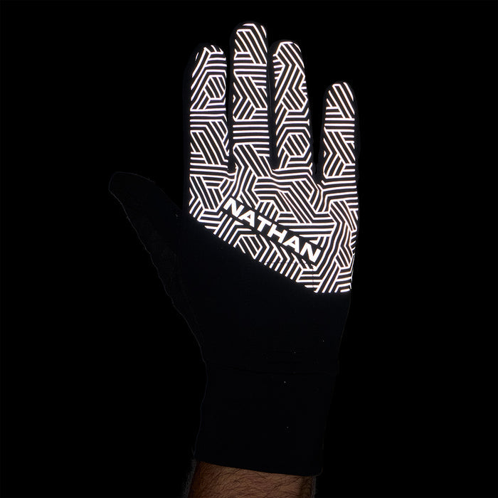 color:Black/Hex Print||seo:Nathan HyperNight Reflective Gloves 2 -Black/Hex Print - Reflective Detail View