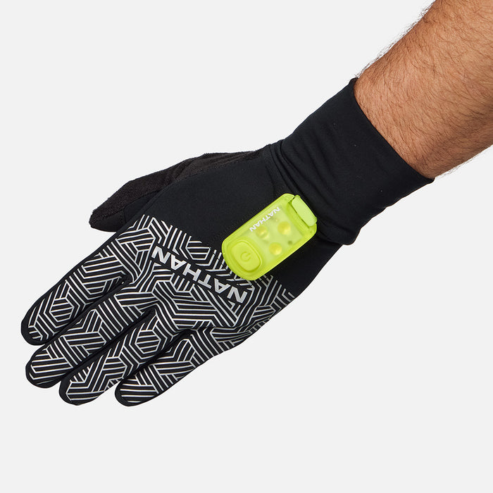 color:Black/Hex Print||seo:Nathan HyperNight Reflective Gloves 2 -Black/Hex Print - StrobeLight 2 Clip Attached on Glove