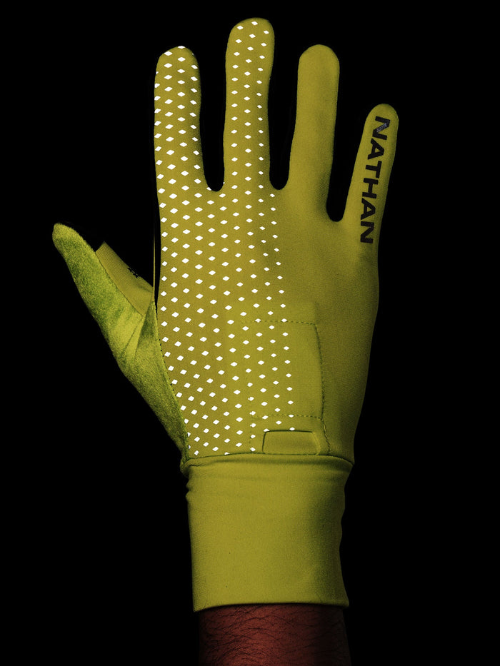 color:Hi Vis Yellow/Geo Print||seo:Nathan HyperNight Reflective Gloves - Hi Vis Yellow - Back of Hand View (Reflective Detail)