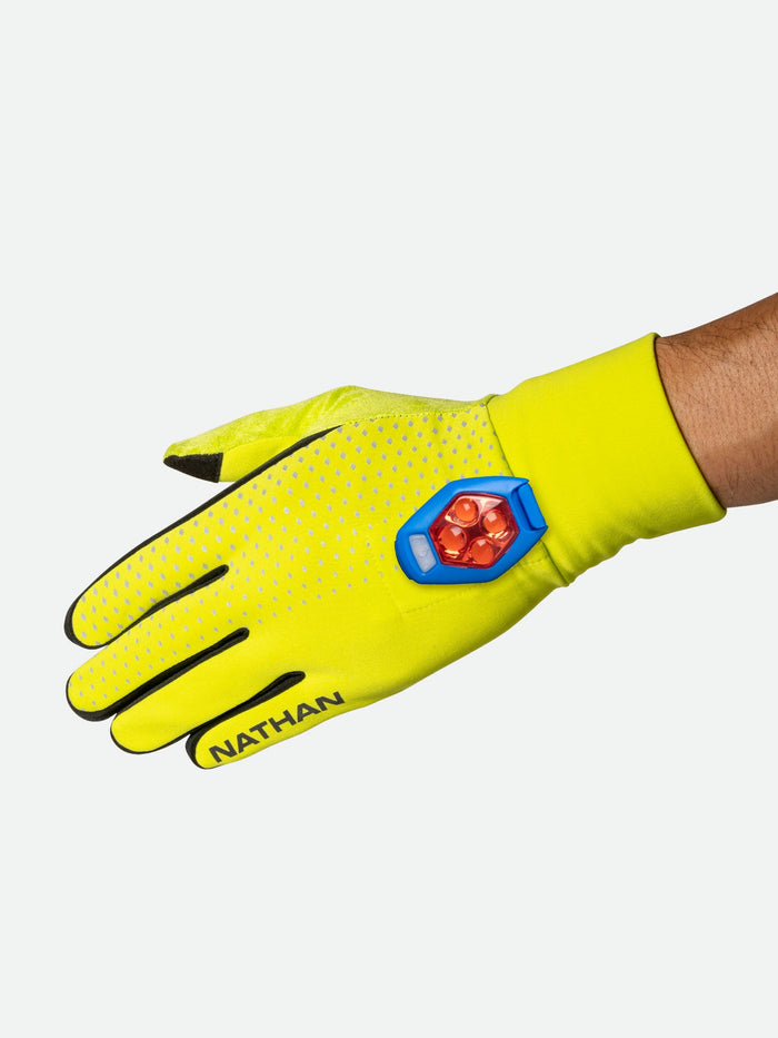 color:Hi Vis Yellow/Geo Print||seo:Nathan HyperNight Reflective Gloves - Hi Vis Yellow - Strobe Light Clip Attached on Glove
