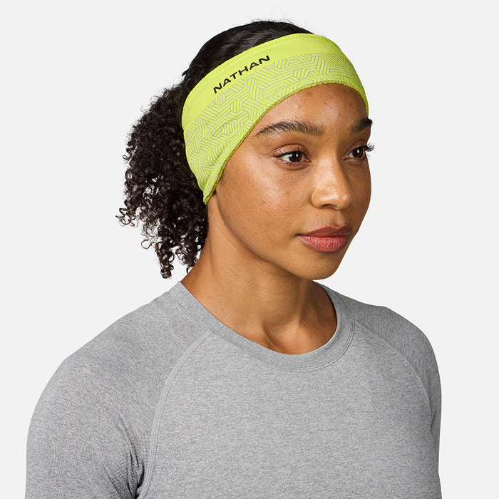 color:Hi Vis Yellow/Hex Print||view:SKU image primary||seo:Nathan HyperNight Reflective Headband 2 - Hi Vis Yellow/Hex Print - On Model - Front View