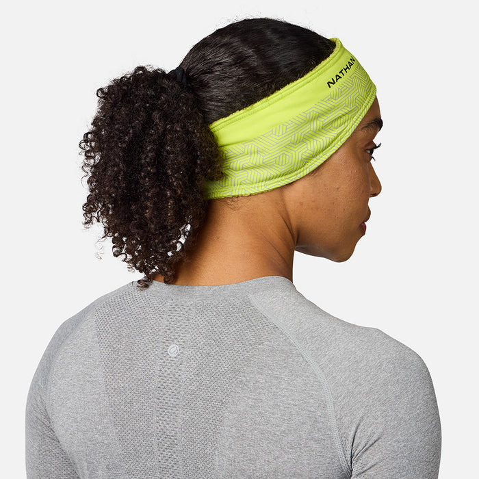 color:Hi Vis Yellow/Hex Print||seo:Nathan HyperNight Reflective Headband 2 - Hi Vis Yellow/Hex Print - On Model, Side View