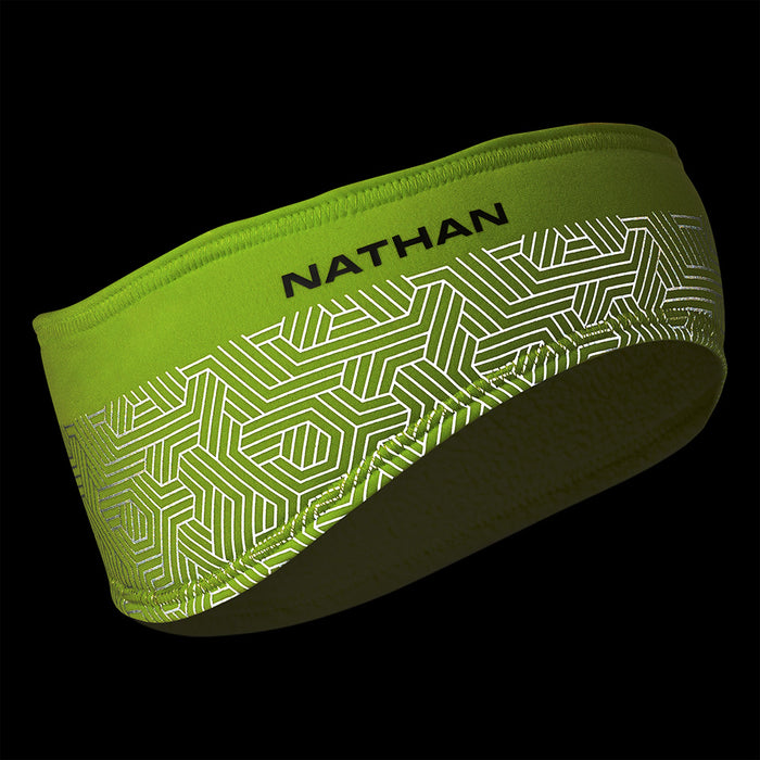 color:Hi Vis Yellow/Hex Print||seo:Nathan HyperNight Reflective Headband 2 - Hi Vis Yellow/Hex Print - Reflective Detail Side View
