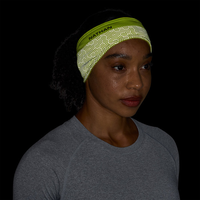 color:Hi Vis Yellow/Hex Print||seo:Nathan HyperNight Reflective Headband 2 - Hi Vis Yellow/Hex Print - Reflective Detail View On Model