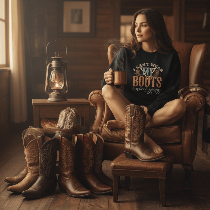 dark heather sweatshirt with 'I Can't Wear My Boots I Ain't Going' cowgirl slogan print