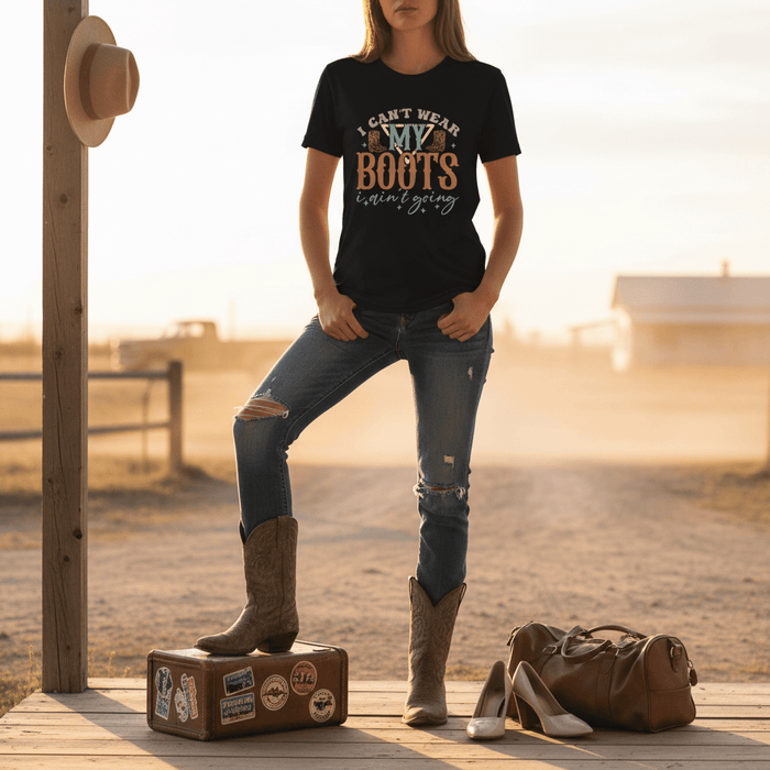 dark chocolate t-shirt with i can't wear my boots i ain't going cowgirl graphic