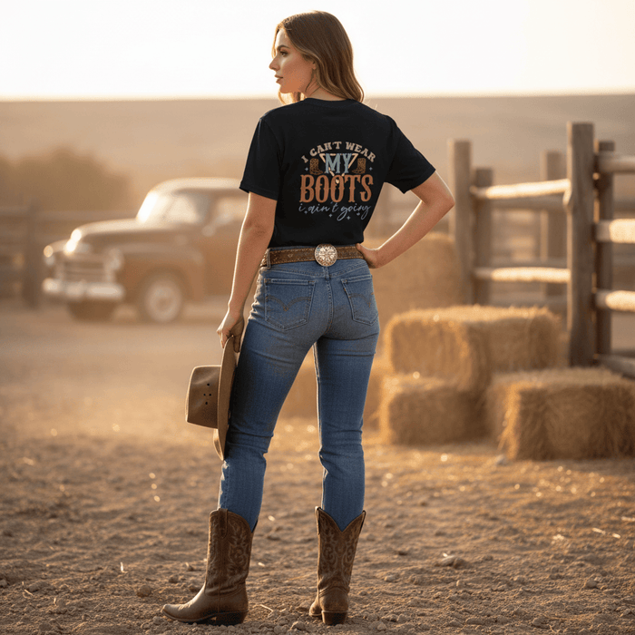 black t-shirt with i can't wear my boots cowgirl statement design