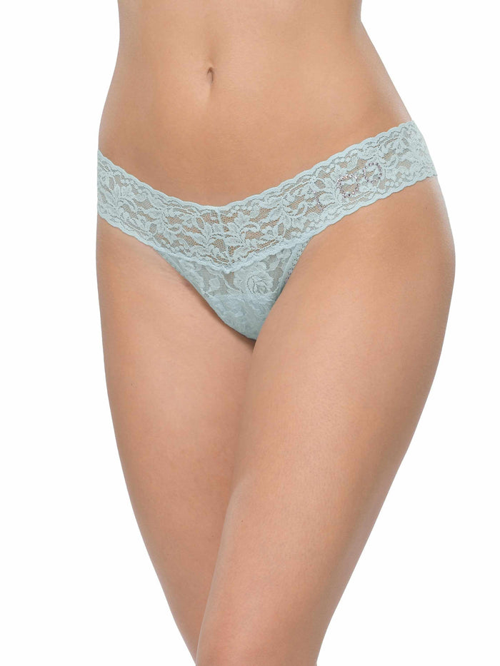 I Do Crystal Signature Lace Low Rise Thong Celeste Blue - On Model Three-Quarter View, bridal lace thong | Hanky Panky