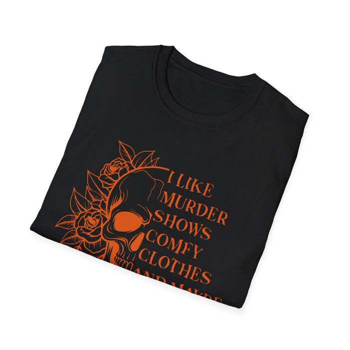 I Like Murder Shows Funny Halloween Skull Graphic T-Shirt - funny t-shirt by Cheeky Business
